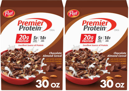 Post Premier Protein Cereal, Chocolatey Protein Cereal Flakes with Sliced Almonds, Contains 20g of Protein Per Serving, 30 OZ Box