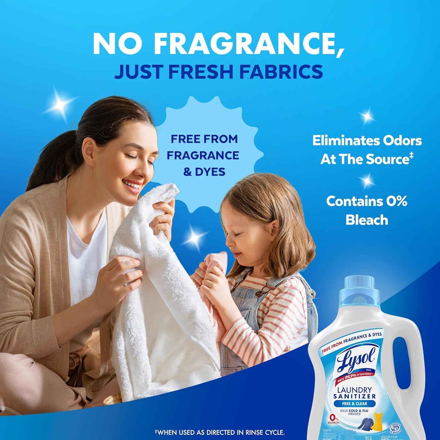Lysol Laundry Sanitizer Additive, Free & Clear, Free from Fragrance and Dyes, 0% Bleach Laundry Sanitizer, Bacteria-causing Laundry Odor Eliminator, Unscented, 90 Fl Oz