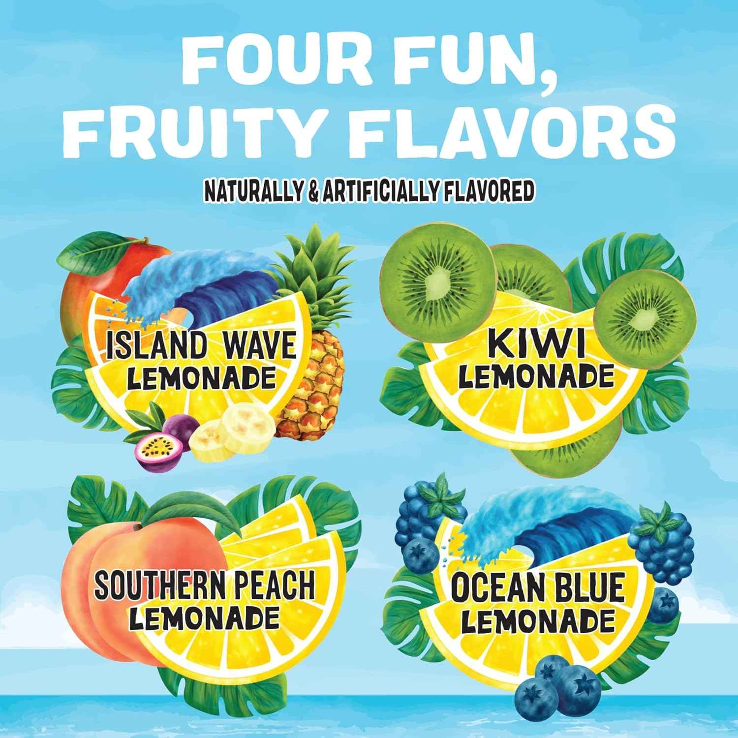 Calypso Singles To Go! Drink Mix Variety Pack – Lemonade On-the-Go Powdered Drink Mix Packets – Low Calorie Water Enhancer – Island Wave, Kiwi, Southern Peach, Ocean Blue Lemonade, 30 Count