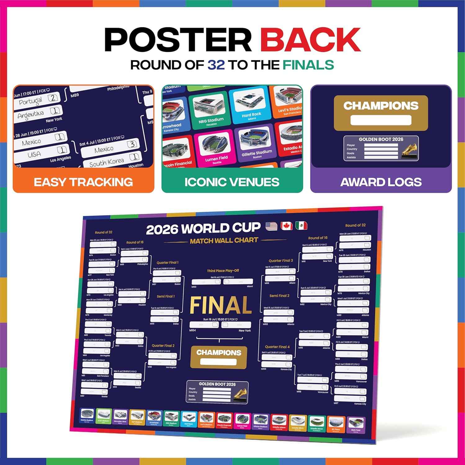 2026 World Cup Bracket Poster 2026 | A1 Size 2026 World Cup Soccer Poster with US Kick Off Times, Fixtures, Stadiums & Host Cities | World Cup Wall Chart