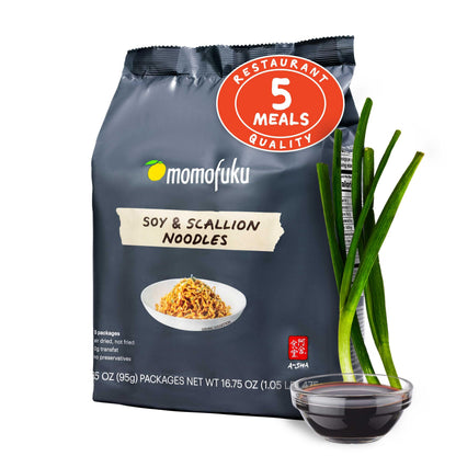Momofuku Soy &amp;amp; Scallion Ramen Noodles by David Chang, 5 Count (Pack of 1) Air-Dried Vegan Instant Noodles with Sauce