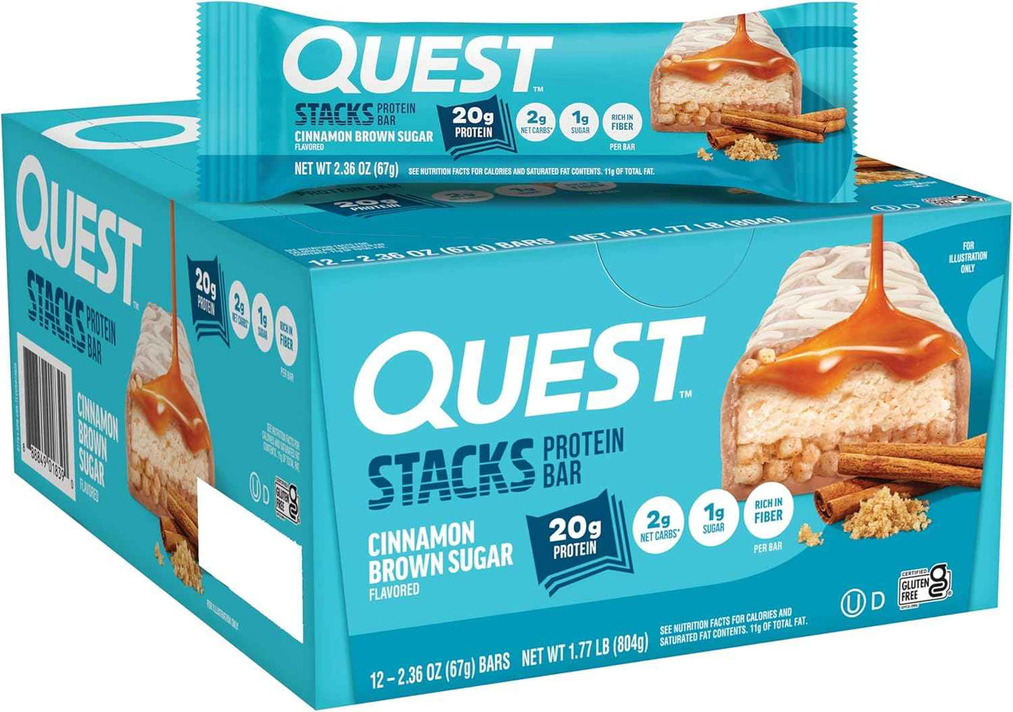 Quest Nutrition Stacks Protein Bars, 20g Protein, 2g Net Carbs, 1g Sugar, High Fiber, Low Sugar, Gluten Free, 12 Count