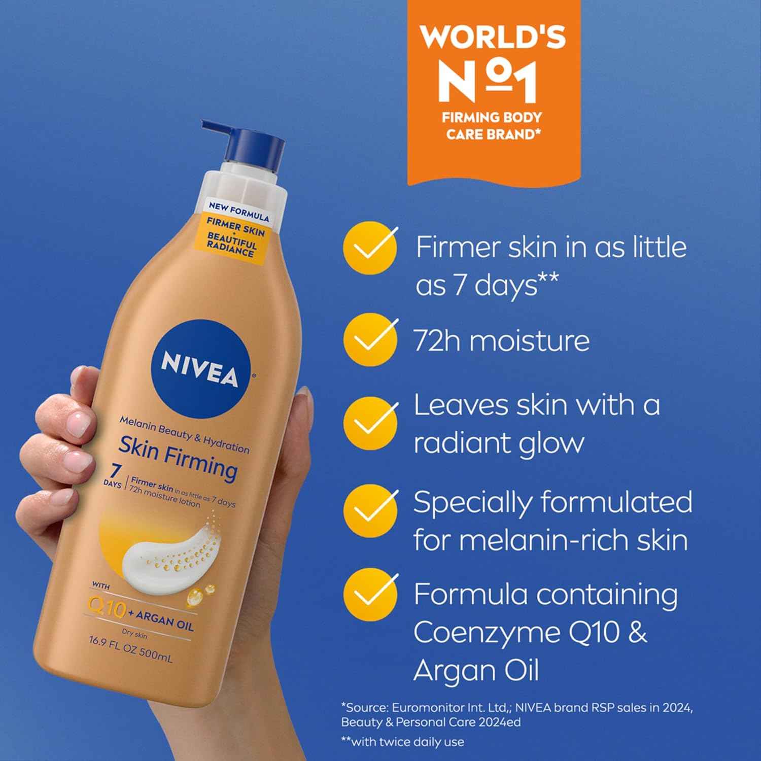 NIVEA Skin Firming Melanin Beauty & Hydration Body Lotion with Q10 and Argan Oil, Firmer Skin in as Little As Seven Days, 16.9 Fl Oz Pump Bottle