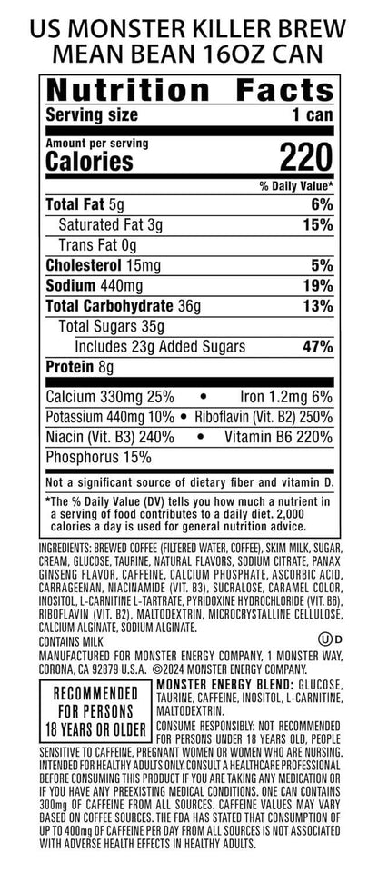 Monster Energy Killer Brew Mean Bean, 15 Fl Oz | Pack of 12