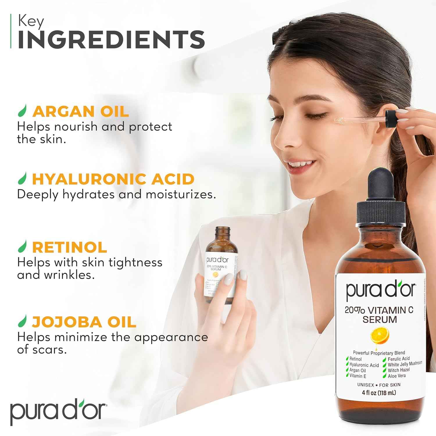 PURA D'OR 20% Vitamin C Facial Serum 4 Oz Antioxidant Blend w/Retinol, Hyaluronic Acid, Vitamin E, Ferulic Acid - Hydrating Lightweight Skincare Formula - Men Women Daily Use After Bath Oil Skin Care