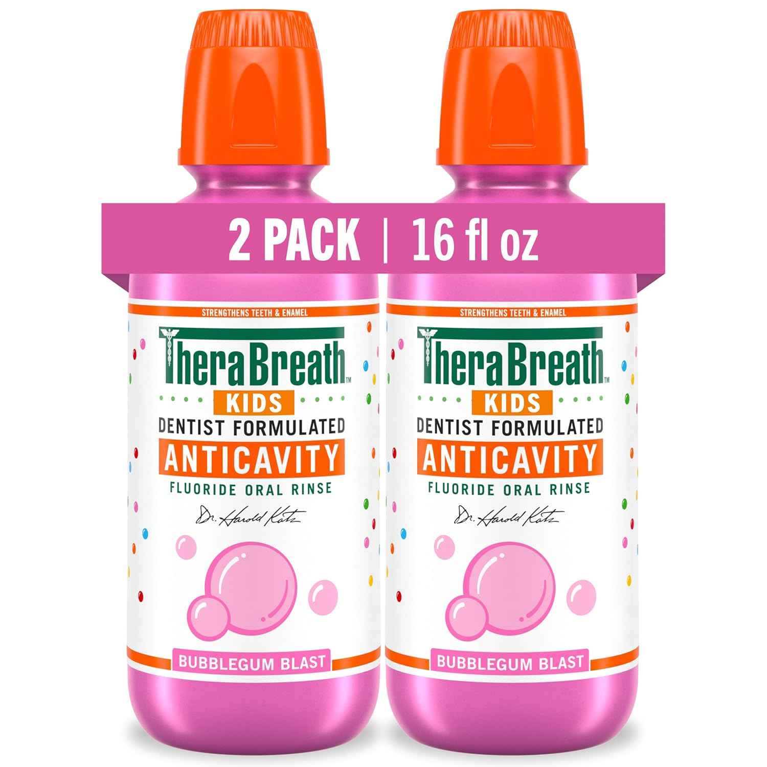 TheraBreath Kids Anticavity Fluoride Oral Rinse, Strengthens Teeth & Enamel, Alcohol Free & Dye Free, Certified Organic Bubblegum Blast Flavor, 16 Fl Oz, 2-Pack