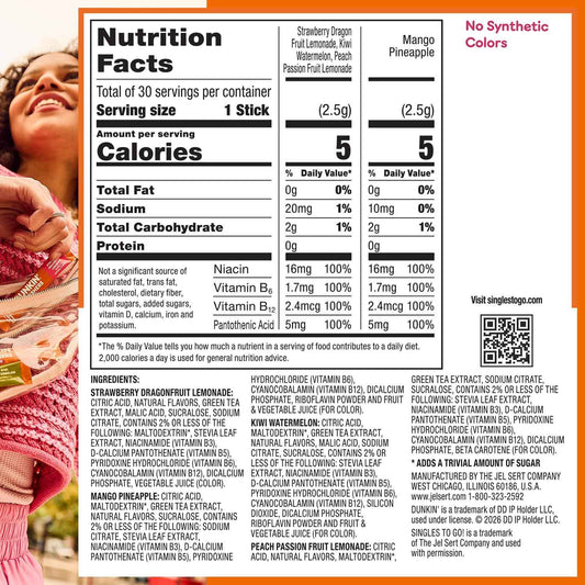 Dunkin’ Zero Sugar Refreshers Singles To Go! Powdered drink mix packets, 30 Ct Variety Pack, 30 Single serve Packets per Box (30 servings), Energy from Green Tea, aspartame-free, no synthetic colors, naturally and artificially flavored, just add water