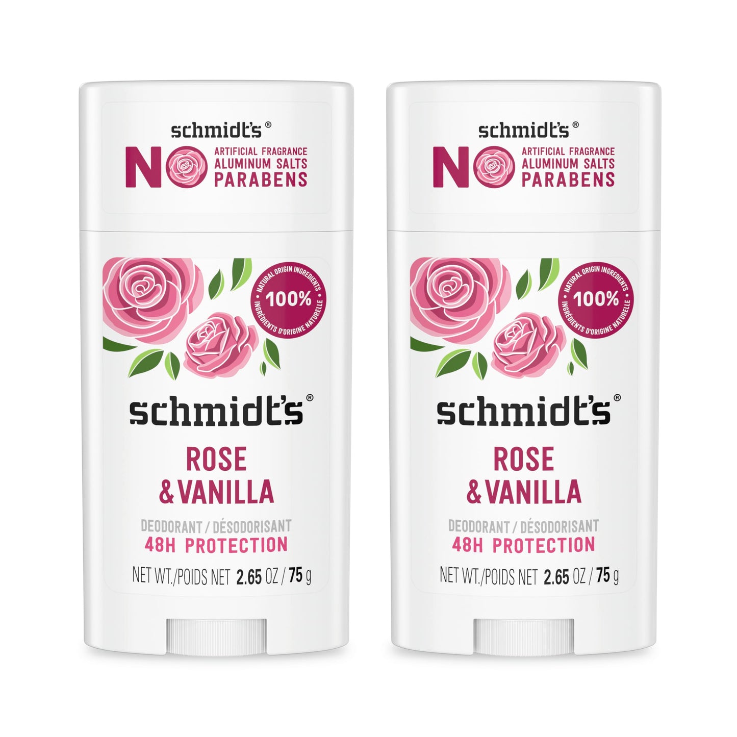 Schmidt&amp;#39;s Aluminum-Free Vegan Deodorant Rose &amp;amp; Vanilla with 24 Hour Odor Protection 2 Count for Women and Men, Natural Ingredients, Cruelty-Free, 2.65 oz