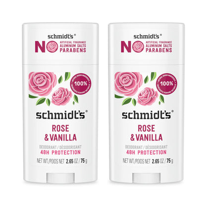 Schmidt&amp;#39;s Aluminum-Free Vegan Deodorant Rose &amp;amp; Vanilla with 24 Hour Odor Protection 2 Count for Women and Men, Natural Ingredients, Cruelty-Free, 2.65 oz