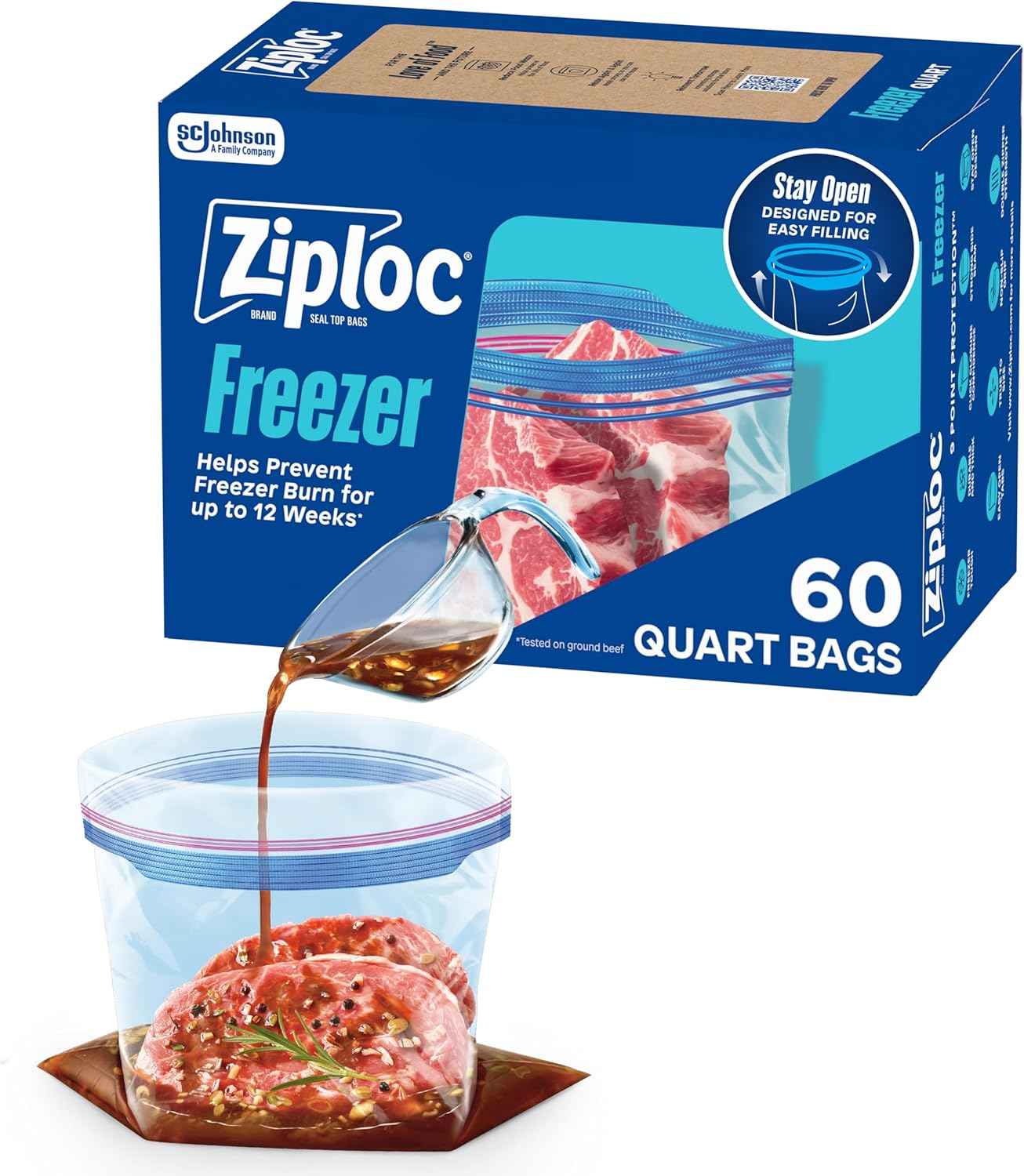 Ziploc Quart Food Storage Freezer Bags, Stand-Up Bottom, Easy to Fill