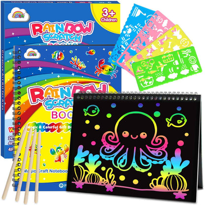 ZMLM Scratch Paper Art-Crafts Gift: 2 Pack Rainbow Notebooks Supplies Toys Easter Basket Stuffers for 3 4 5 6 7 8 9 10 Years Old Girls and Boys Kids Valentine's Day Birthday Party Travel Games