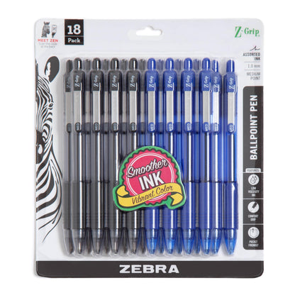 Zebra Pen Z-Grip Retractable Ballpoint Pen, Smooth-Flowing Black and Blue Ink, 1.0mm Medium Point, School &amp;amp; Office Supplies, Ideal for Note-Taking, Journal and Planner Use, 18-Pack (22018amz)