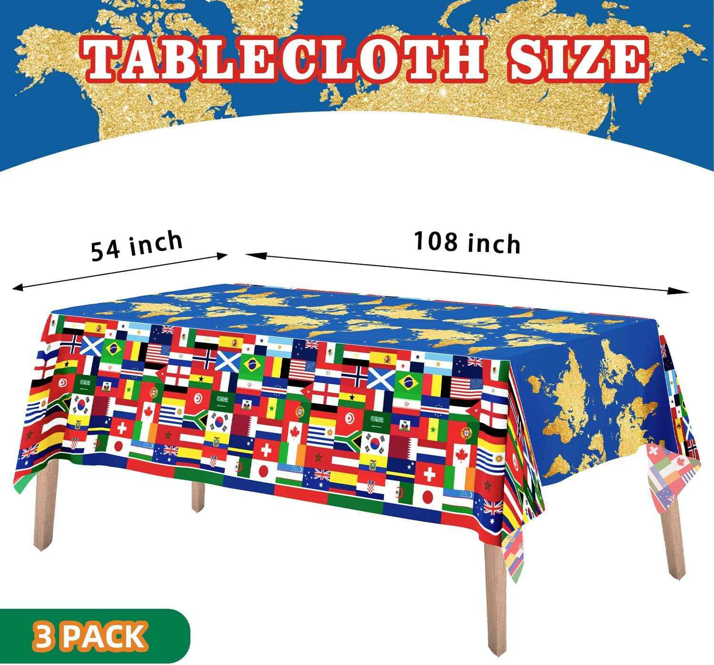 3World Cup Flag Tablecloth International Country Flag Decorations, Disposable Plastic Table Cover for Soccer World Cup Party,Games, Patriotic BBQ, Birthday, Outdoor Picnic Supplies