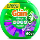 Gain Flings Liquid Washing Detergent Pacs with Odor Defense + Color Guard, Moonlight Breeze Scent, 4-In-1 Liquid Laundry Detergent Pods, Clean & Fresh