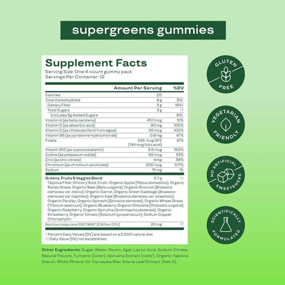Bloom Super Greens Gummies, Daily Greens Superfood Fiber Gummies with Fruits, Vegetables, Vitamins & Minerals for Digestive & Gut Health, Bloating Support, Strawberry Kiwi, 12 Servings (48 Total)