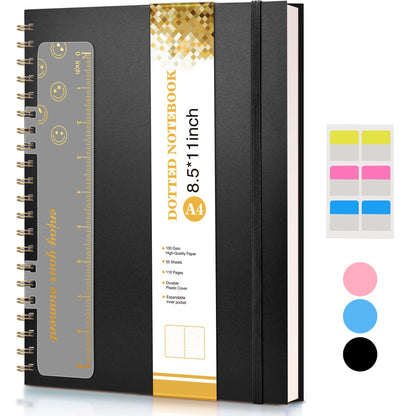 Dotted Notebook, Spiral Notebook Journal 8.5” x 11”, A4 Large Dot Grid Notebooks for Women Men, 100 GSM Dotted Paper, Plastic Hardcover Spiral Bullet Journals for Work School Sketching, Black
