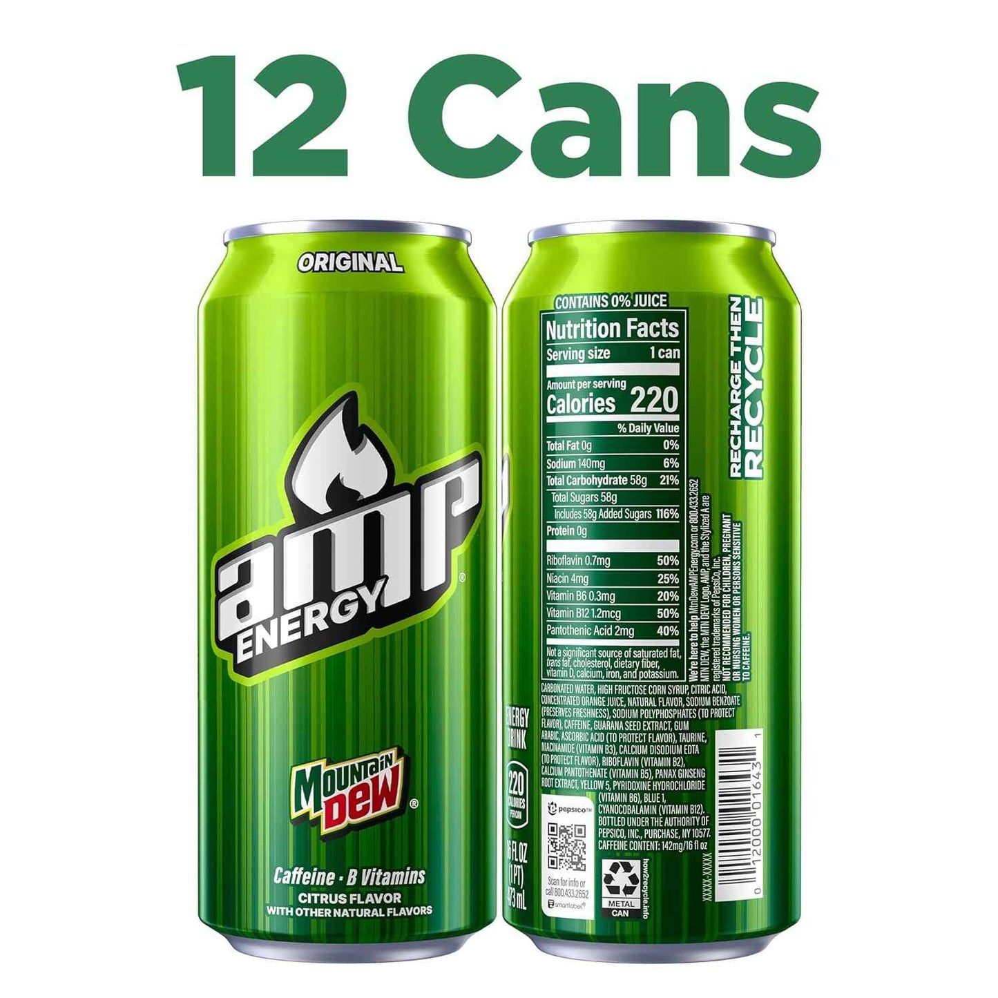 Mtn Dew AMP Energy, Original, Energy Drink with Caffeine, B Vitamins