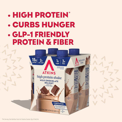 Atkins High Protein Shake, 15g Protein, 2g Net Carb, 1g Sugar, Keto Friendly, Chocolate Flavored Protein Shakes