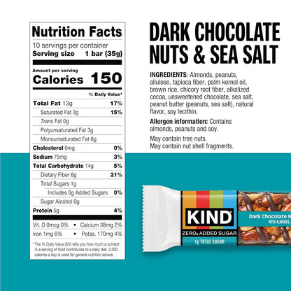 Kind Zero Added Sugar Healthy Snacks Bars, Dark Chocolate Nuts & Sea Salt, Gluten Free, High Fiber, Keto Snacks