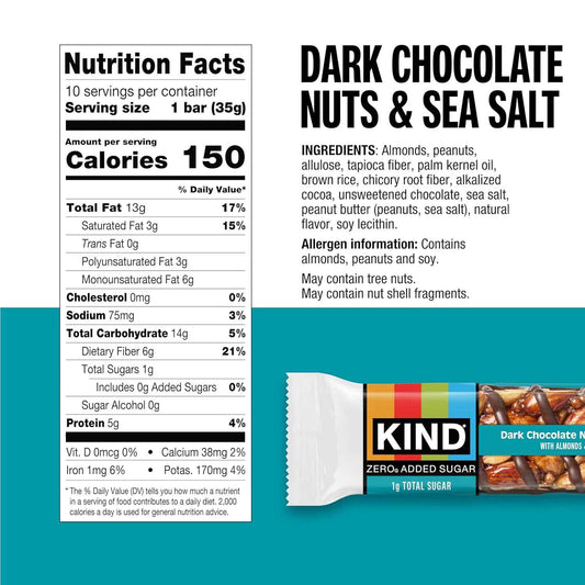 Kind Zero Added Sugar Healthy Snacks Bars, Dark Chocolate Nuts & Sea Salt, Gluten Free, High Fiber, Keto Snacks