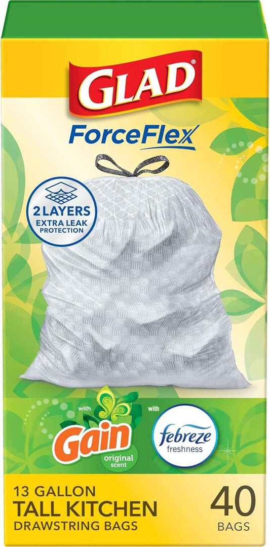 Glad ForceFlex Tall Kitchen Trash Bags, 13 Gallon, Gain Original