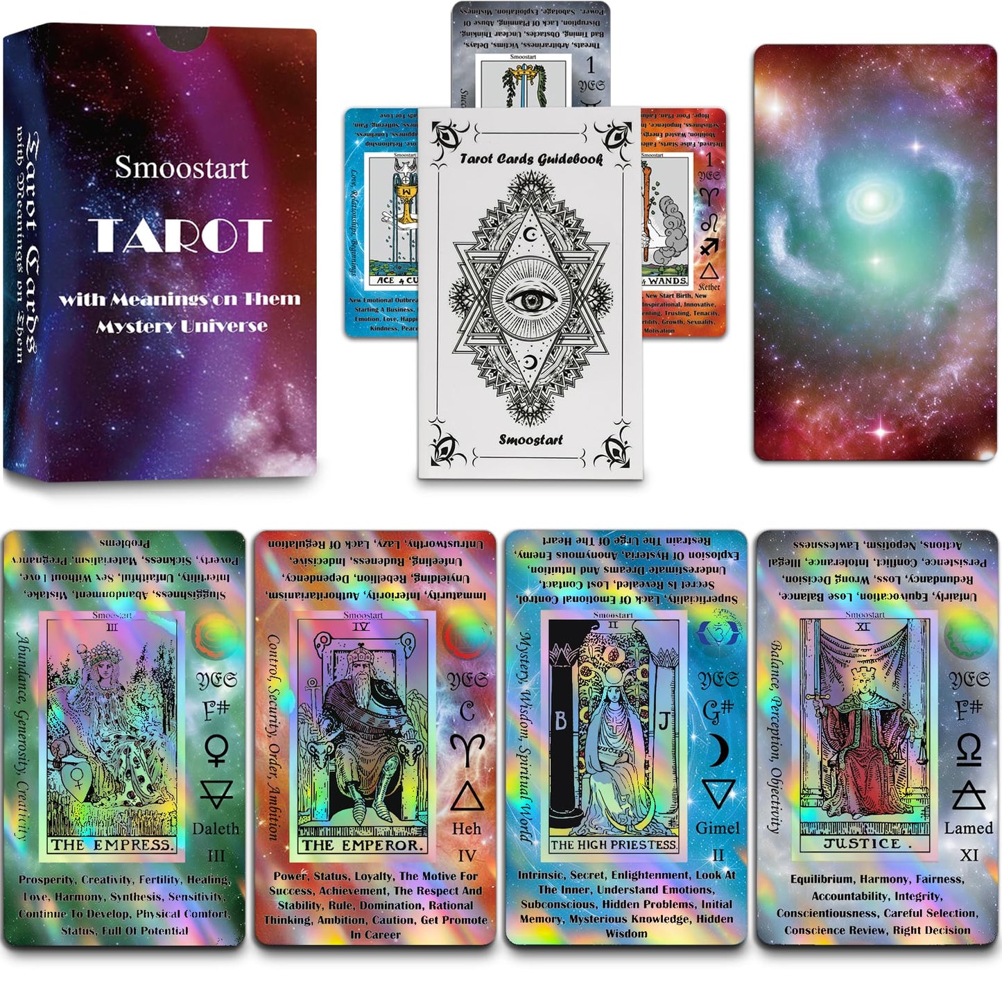 Smoostart Tarot Cards for Beginners with Meanings on Them, Surface Laser Cards Holographic Tarot with Guide Book, Tarot Cards Deck with Keywords