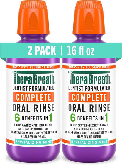 TheraBreath Complete Mouthwash, 6-in-1 Benefits, Alcohol-Free, Revitalizing Mint (2 Pack)