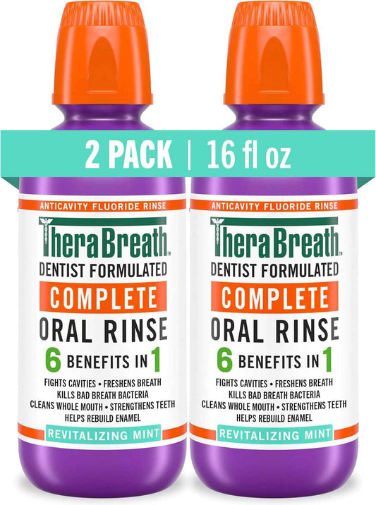 TheraBreath Complete Mouthwash, 6-in-1 Benefits, Alcohol-Free, Revitalizing Mint (2 Pack)