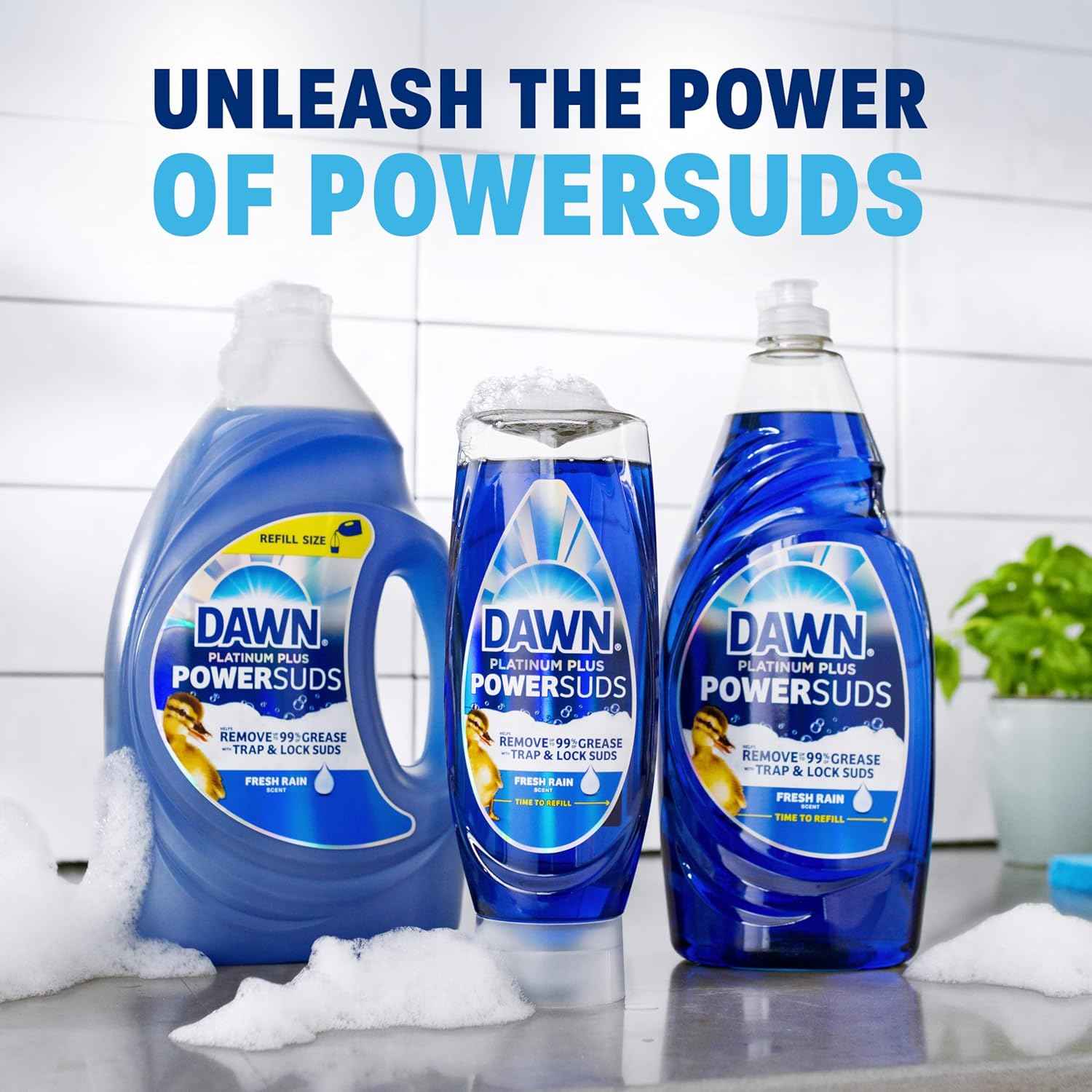 Dawn Platinum Plus PowerSuds EZ-Squeeze Dish Soap Liquid, Dishwashing Liquid, Grease Removal, Upside Down Bottle, Fresh Rain Scent, 2x17.4 Fl Oz Bundle