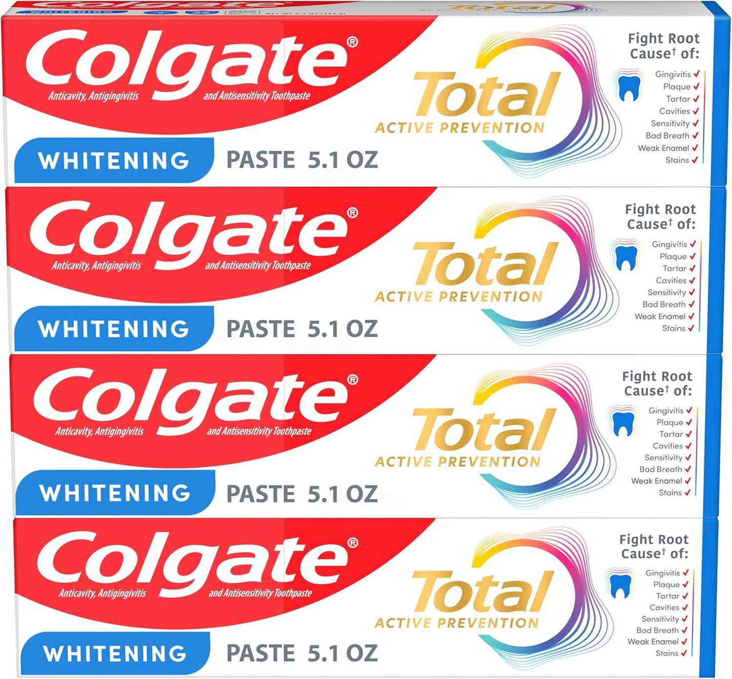 Colgate Total Whitening Toothpaste Paste, Fluoride, Antibacterial, for Plaque, Gingivitis, Sensitivity, Stain Removal, Clinically Proven, Mint, Teeth Whitening, Stannous Fluoride