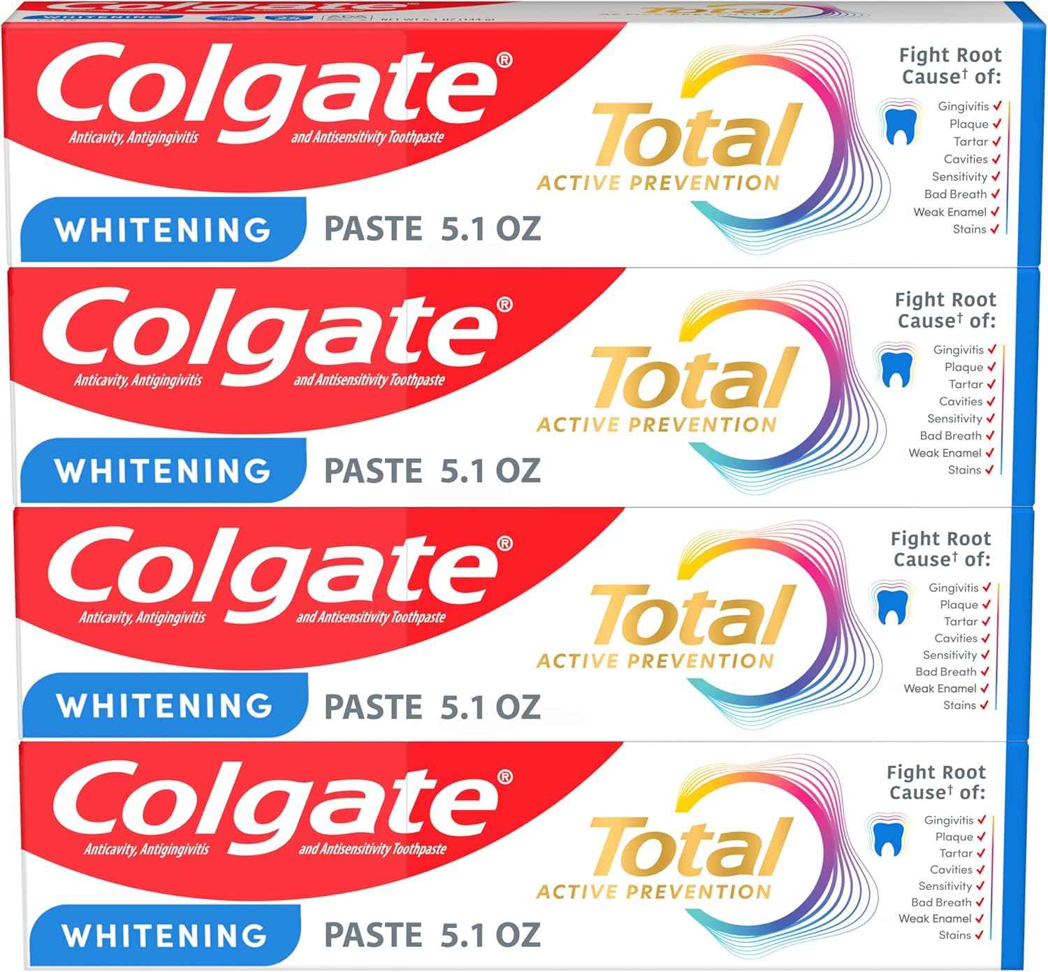 Colgate Total Whitening Toothpaste Paste, Fluoride, Antibacterial, for Plaque, Gingivitis, Sensitivity, Stain Removal, Clinically Proven, Mint, Teeth Whitening, Stannous Fluoride