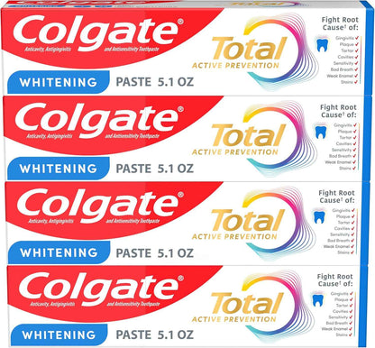 Colgate Total Whitening Toothpaste Paste, Fluoride, Antibacterial, for Plaque, Gingivitis, Sensitivity, Stain Removal, Clinically Proven, Mint, Teeth Whitening, Stannous Fluoride