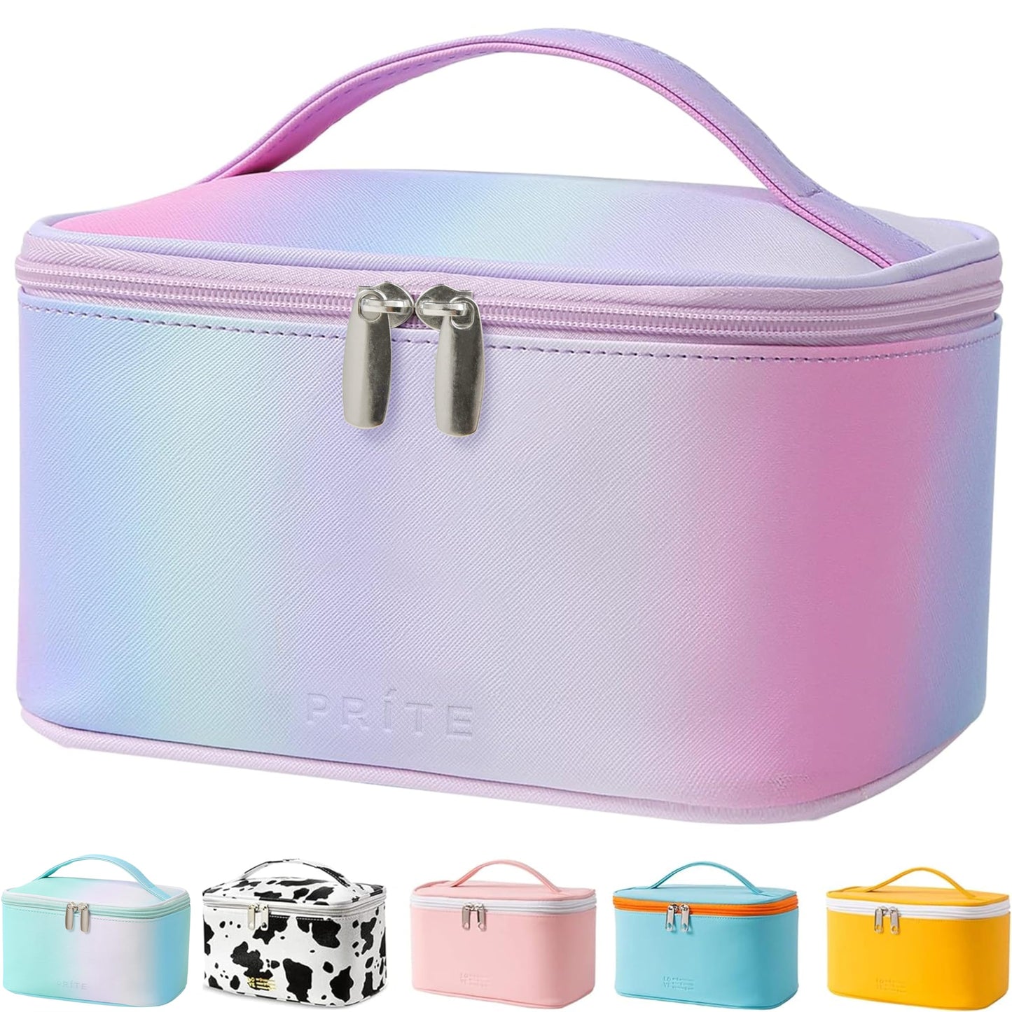 Prite Makeup Bag Portable Travel Cosmetic Bag for Women, Beauty Zipper Makeup Organizer PU Leather Washable Waterproof（Rainbow Pink)