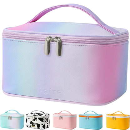 Prite Makeup Bag Portable Travel Cosmetic Bag for Women, Beauty Zipper Makeup Organizer PU Leather Washable Waterproof（Rainbow Pink)