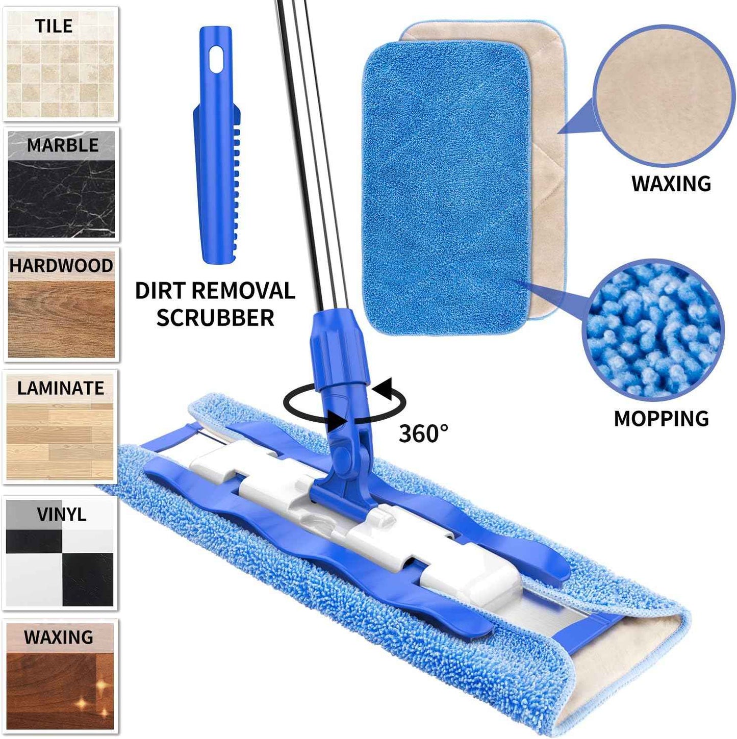 MR.SIGA Professional Microfiber Mop for Hardwood, Laminate, Tile Floor Cleaning, Stainless Steel Telescopic Handle