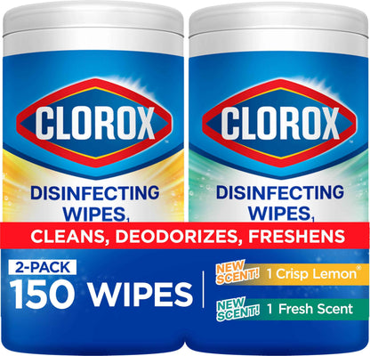 Clorox Disinfecting Cleaning Wipes for Spring Cleaning & Allergy Season, Bleach Free, Fresh Scent and Crisp Lemon, 75 Count Each