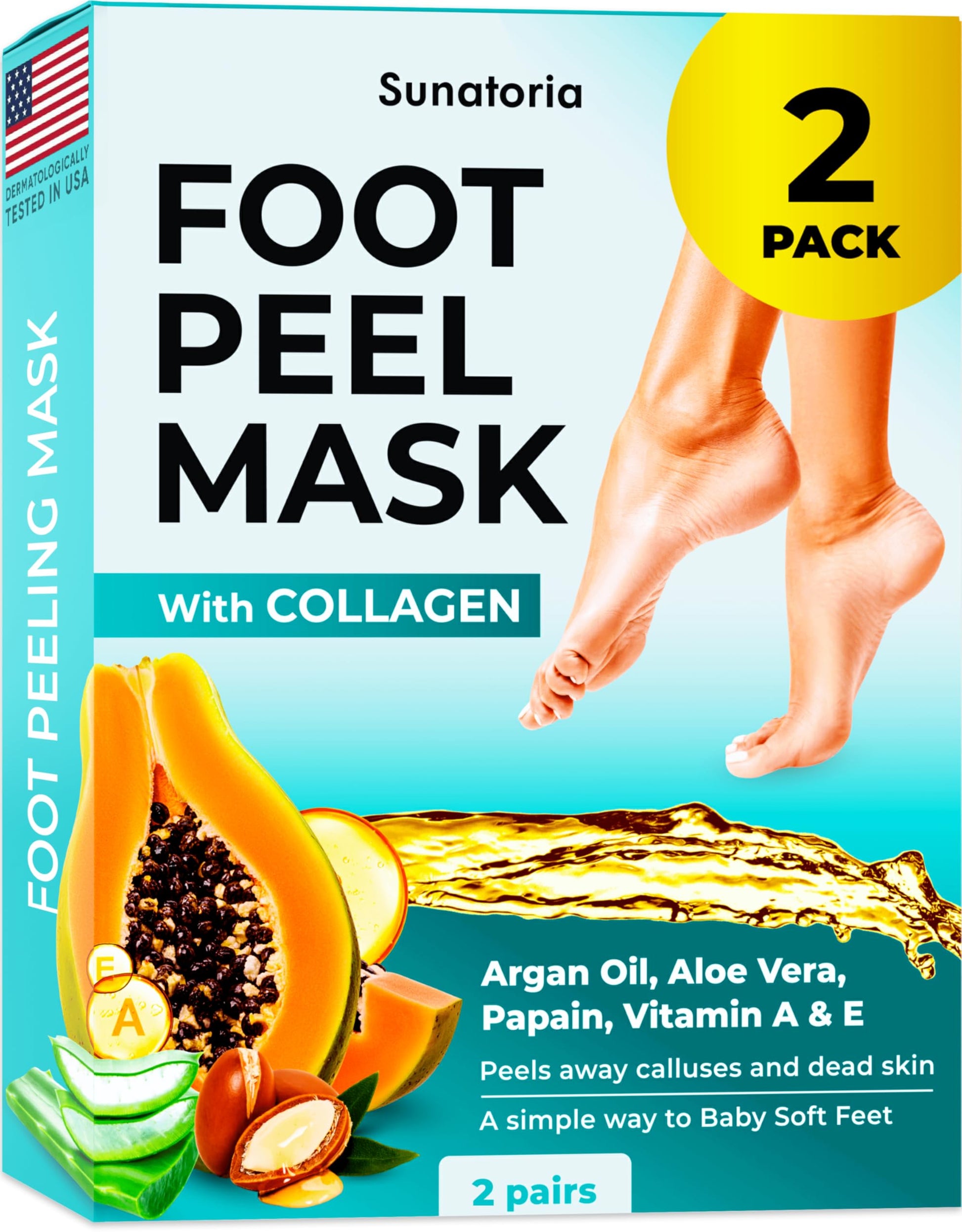 SUNATORIA Foot Peeling Mask (2 Pack) – Exfoliating Foot Mask for Dry Cracked Feet &amp;amp; Calluses – Baby Soft Touch Foot Peel Mask with Aloe Vera – Peeling Socks for Men &amp;amp; Women