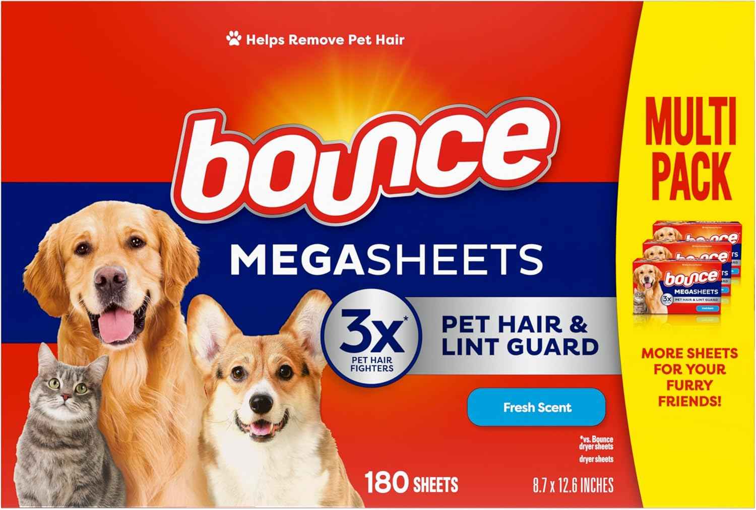 Bounce Pet Hair and Lint Guard Mega Dryer Sheets with 3X Pet Hair Fighters, Fresh Scent