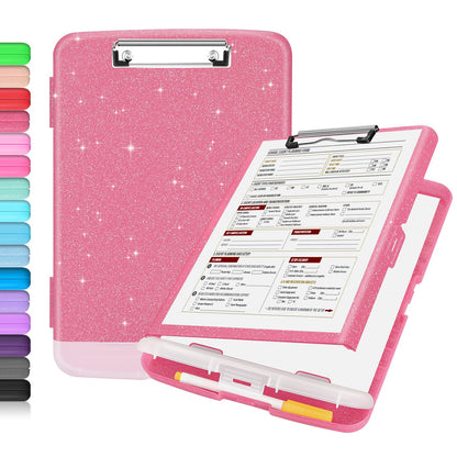 Sooez Glitter Clipboard with Storage, High Capacity Clip Boards 8.5x11 with Pen Holder, Cute Clipboards with Low Profile Clip, Sparkle Plastic Organizer Case Box for Women &amp;amp; Kids, Side Opening