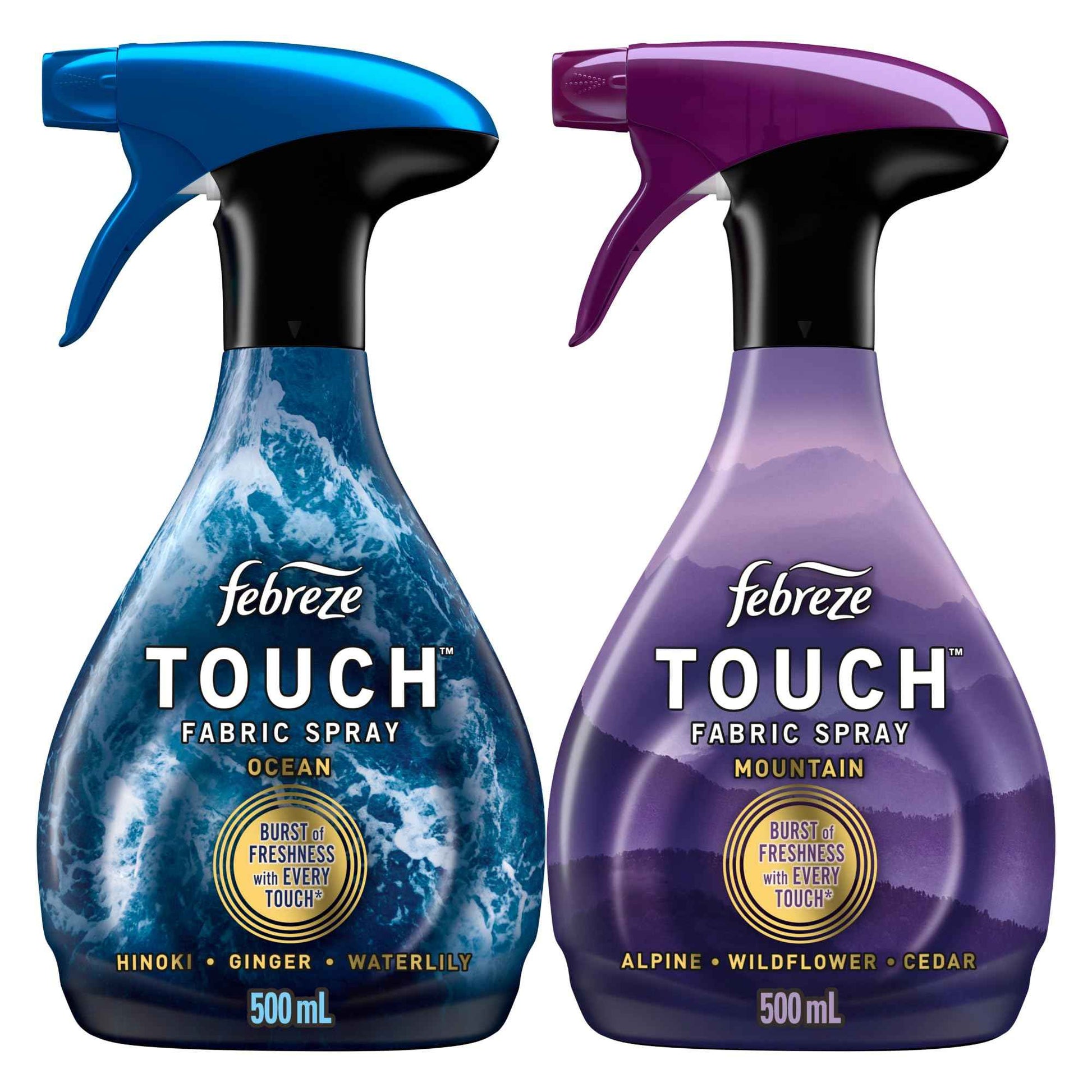 Febreze Touch Fabric Spray, Air Freshener, Odor-Fighting Fabric Refresher, Couch and Linen Spray, Sneaker Balls Alternative, Ocean and Mountain Scent, Multicolor, 16.9oz, 2ct