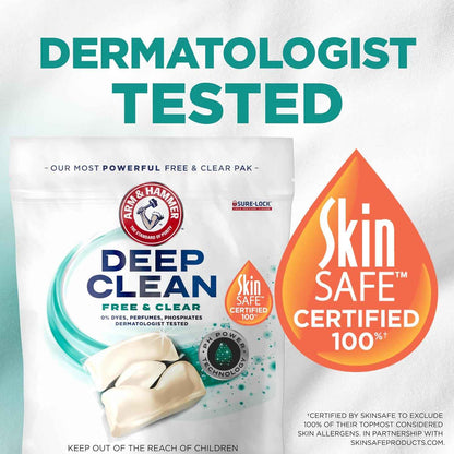 ARM & HAMMER Deep Clean Free & Clear Laundry Detergent Power Paks, Free of Dyes and Perfumes, Dermatologist Tested