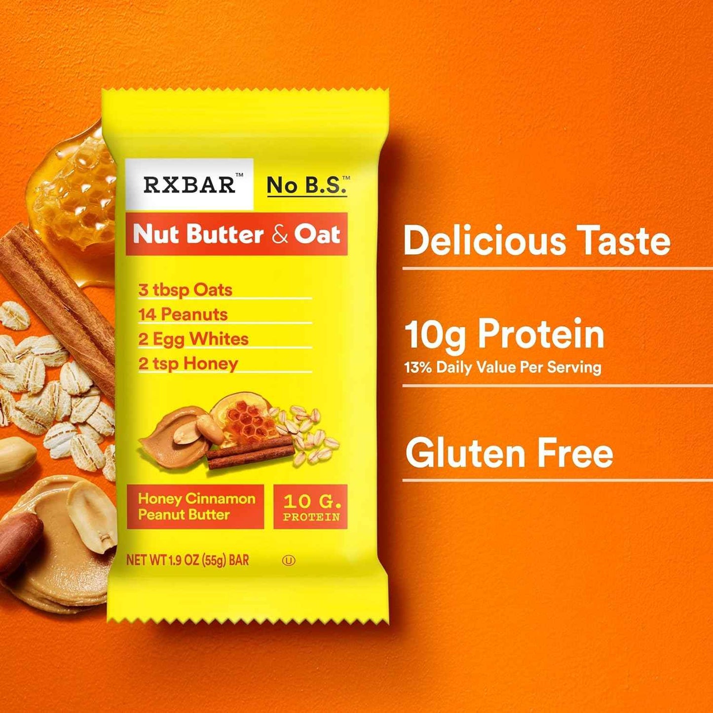 RXBAR Nut Butter and Oat Protein Bars, Protein Snacks, Snack Bars, Honey Cinnamon Peanut Butter, 9.7oz Box (5 Count)