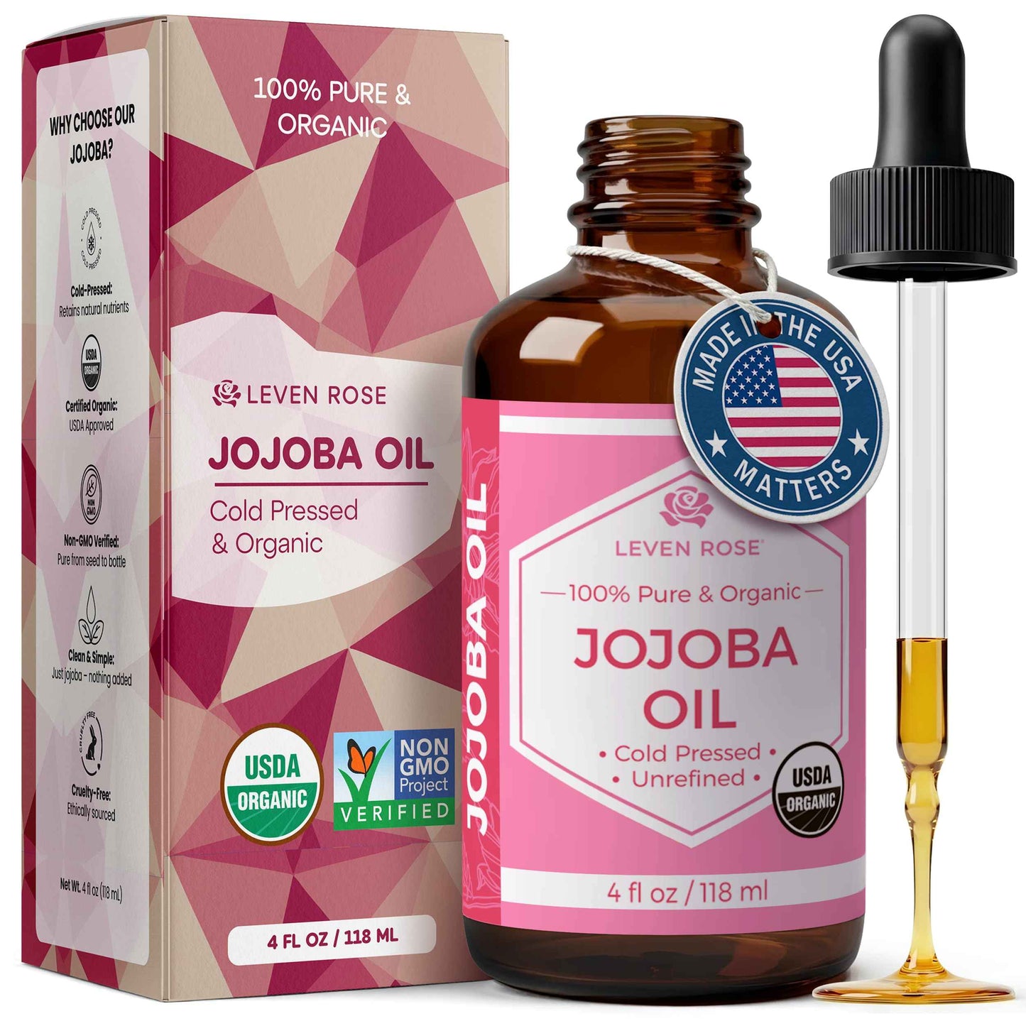 Leven Rose Jojoba Oil Organic, Pure Cold Pressed Carrier Oil, Natural Unrefined Moisturizer for Skin Hair and Nails