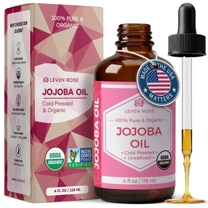 Leven Rose Jojoba Oil Organic, Pure Cold Pressed Carrier Oil, Natural Unrefined Moisturizer for Skin Hair and Nails