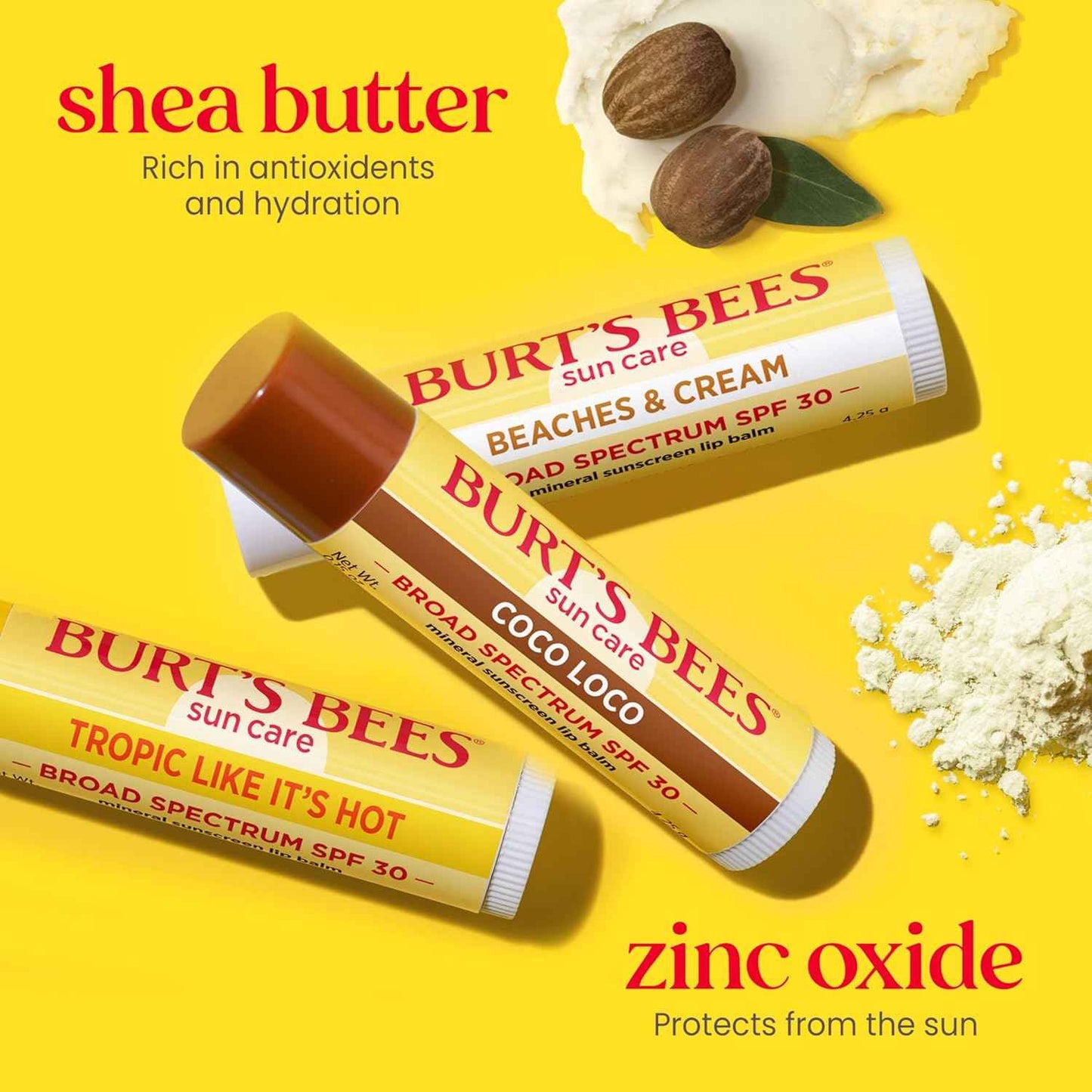 Burt’s Bees SPF 30 Lip Balm - Coco Loco, Beaches & Cream, Tropic Like It's Hot, Water-Resistant Sun Care, Natural Origin Lip Treatment