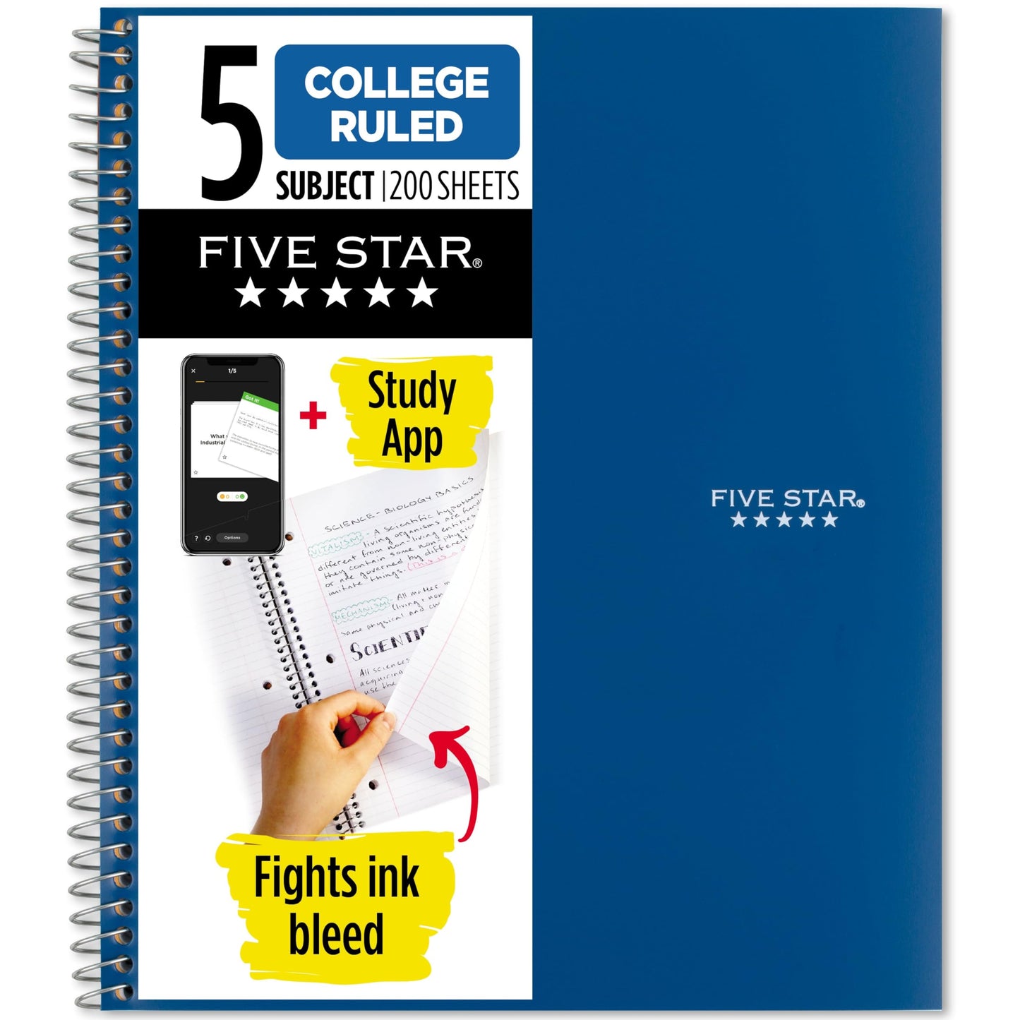 Five Star Spiral Notebook + Study App, 5 Subject, College Ruled Paper, 8-1/2&amp;#34; x 11&amp;#34;, 200 Sheets, Fights Ink Bleed, Water Resistant Cover, Pacific Blue (73635)