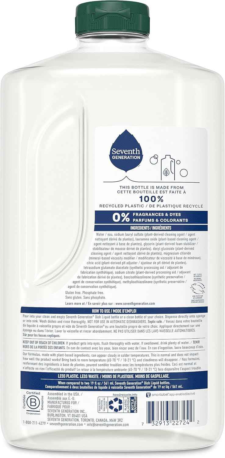 Seventh Generation Dish Soap Refill, Plant-Based Dishwashing Liquid for Grease & Tough Food Messes, For Sensitive Skin