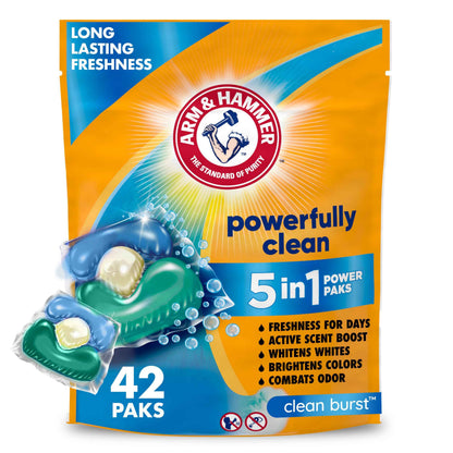 Arm & Hammer Clean Burst 5-in-1 Laundry Detergent Power Paks, High Efficieny (HE), 42 Count