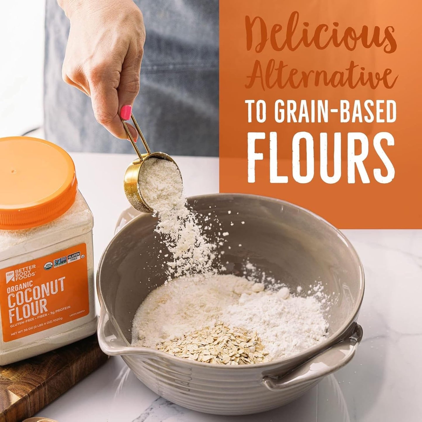 BetterBody_Foods_Organic_Coconut_Flour_2.25_Pound_Jar,_Gluten-Free_White_Flour_Alternative_with_a_Slight_Coconut_Taste_and_Aroma,_23%_Dietary_Fiber_per_Serving