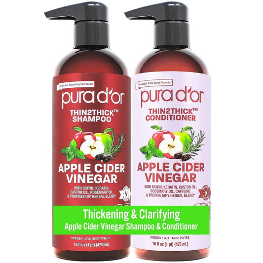PURA D'OR Apple Cider Vinegar Thin2Thick Set Shampoo Conditioner for Regrowth, Hair Loss, Clarifying, Detox (2 x 16oz) Biotin, Keratin, Caffeine, Castor Oil, All Hair Type, Men/Women